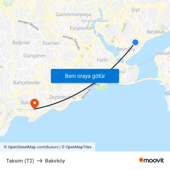 Taksim (T2) to Bakırköy map