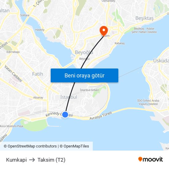 Kumkapi to Taksim (T2) map
