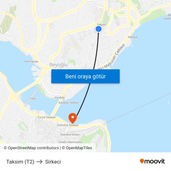 Taksim (T2) to Sirkeci map
