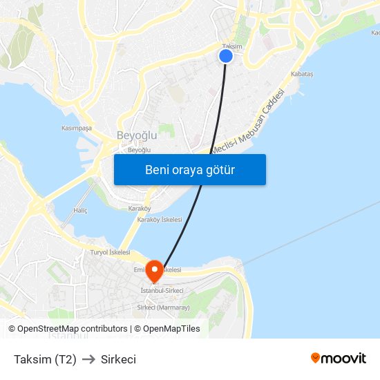 Taksim (T2) to Sirkeci map