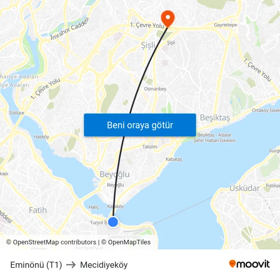 Eminönü (T1) to Mecidiyeköy map