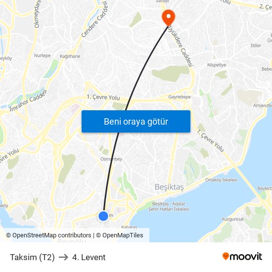 Taksim (T2) to 4. Levent map
