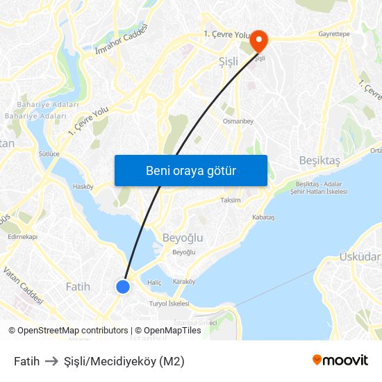 Fatih to Şişli/Mecidiyeköy (M2) map