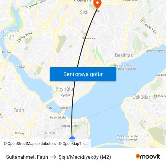 Sultanahmet, Fatih to Şişli/Mecidiyeköy (M2) map