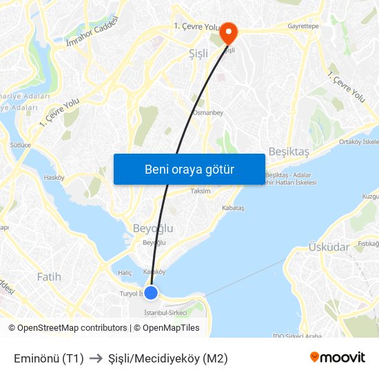 Eminönü (T1) to Şişli/Mecidiyeköy (M2) map