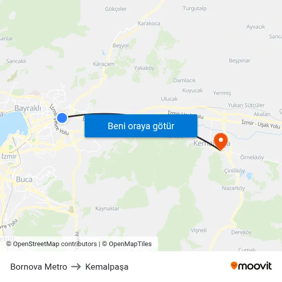 Bornova Metro to Kemalpaşa map