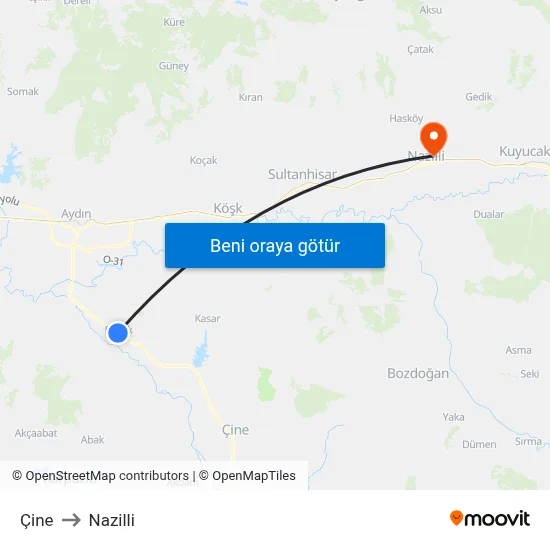 Çine to Nazilli map