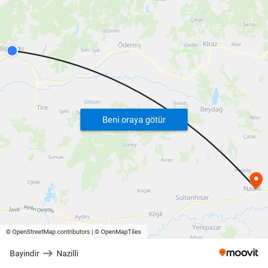Bayindir to Nazilli map
