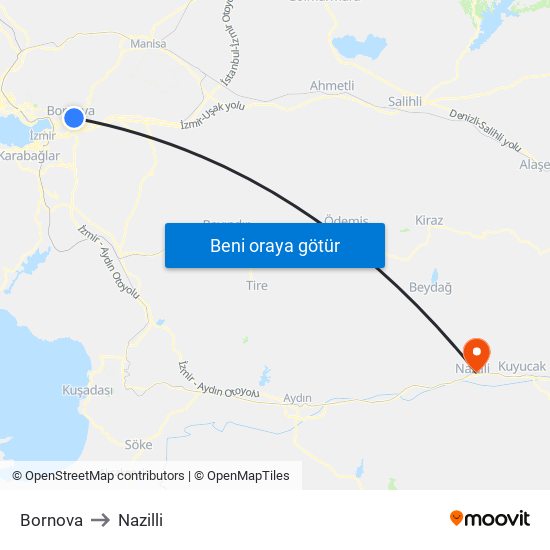 Bornova to Nazilli map