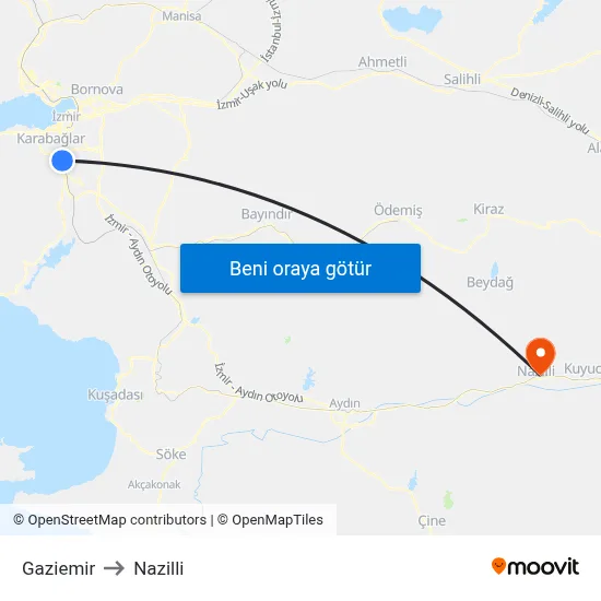 Gaziemir to Nazilli map