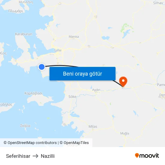Seferihisar to Nazilli map