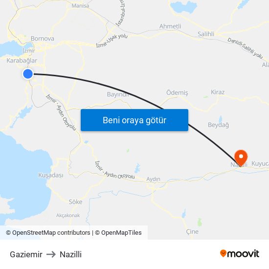 Gaziemir to Nazilli map