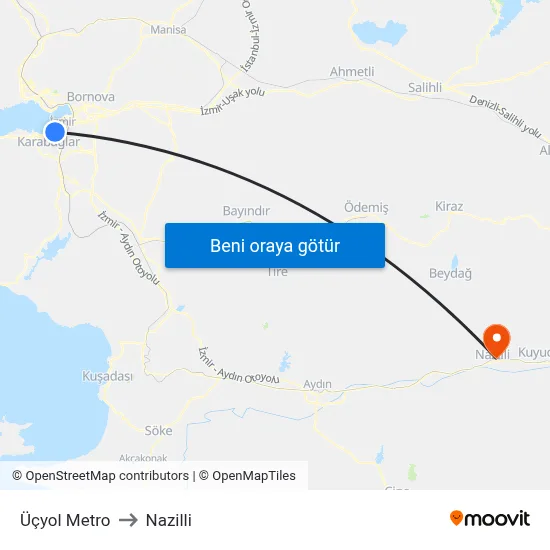 Üçyol Metro to Nazilli map