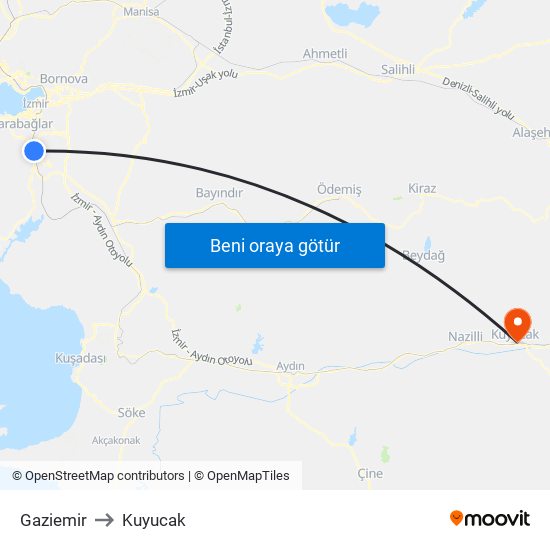 Gaziemir to Kuyucak map