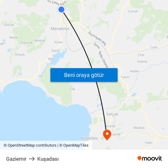 Gaziemir to Kuşadası map