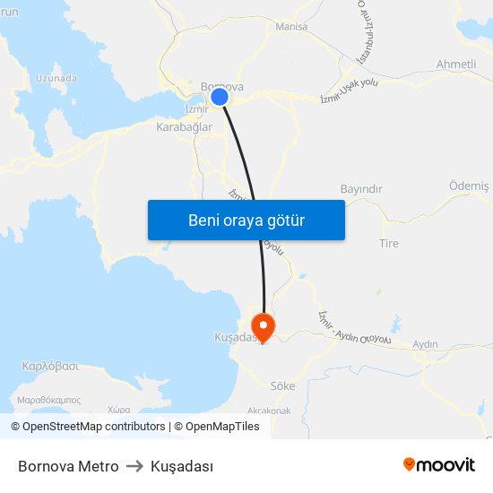 Bornova Metro to Kuşadası map