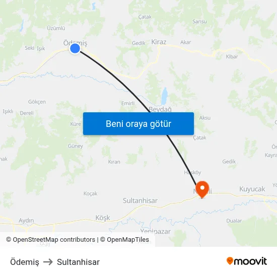 Ödemiş to Sultanhisar map