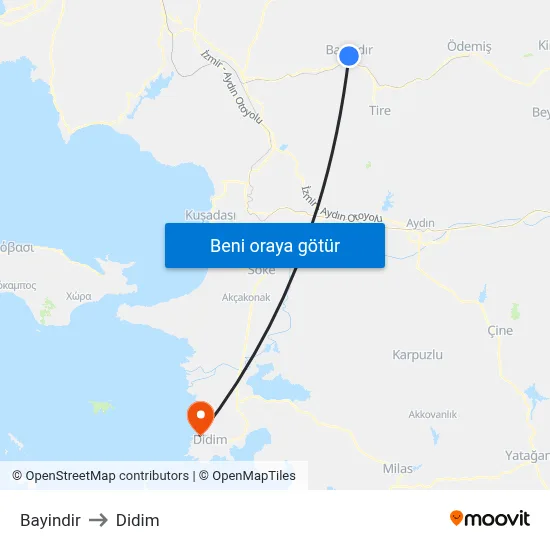 Bayindir to Didim map