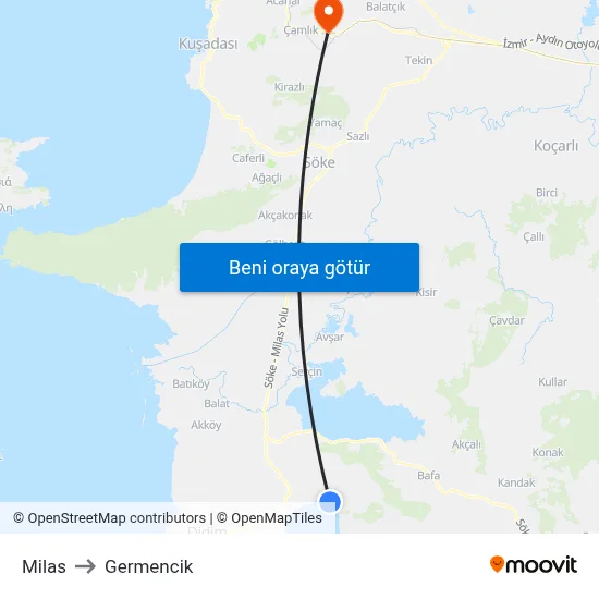 Milas to Germencik map