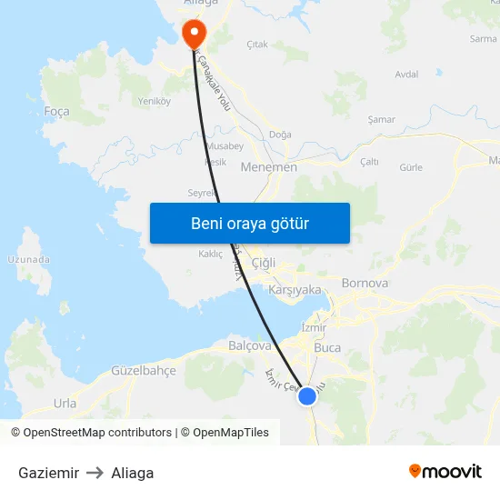 Gaziemir to Aliaga map