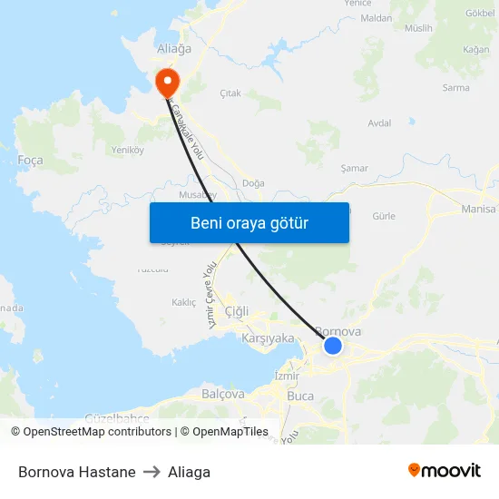 Bornova Hastane to Aliaga map