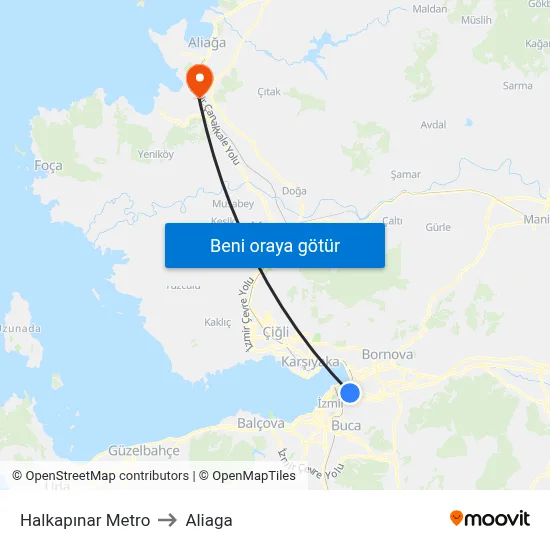 Halkapınar Metro to Aliaga map