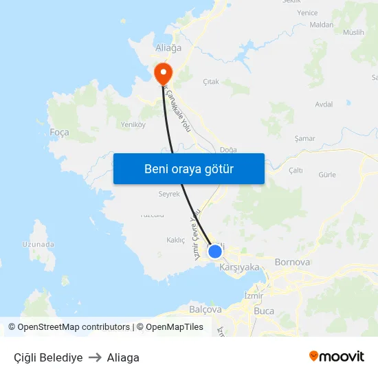 Çiğli Belediye to Aliaga map