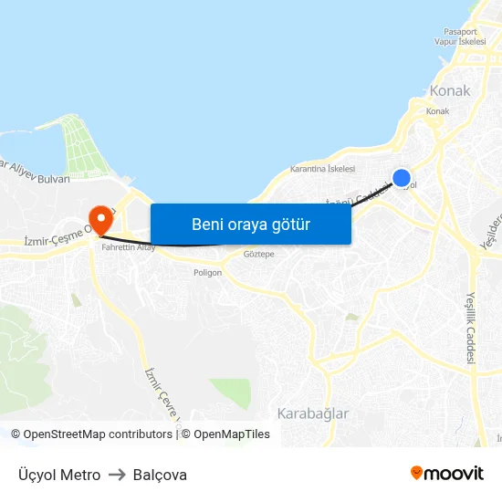 Üçyol Metro to Balçova map
