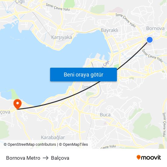 Bornova Metro to Balçova map