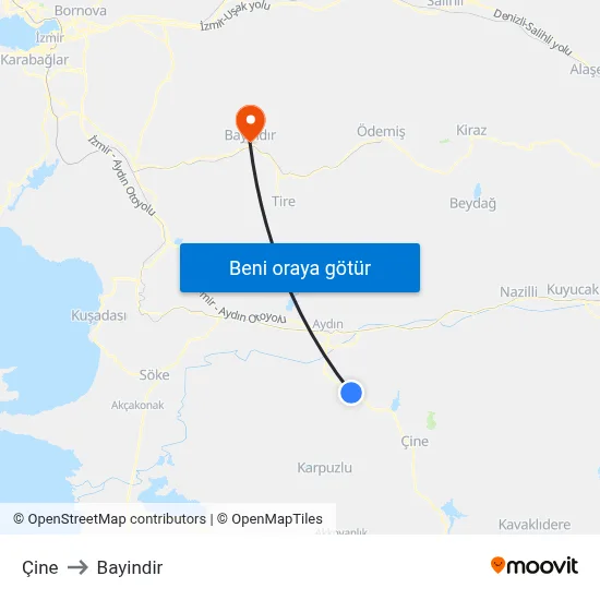 Çine to Bayindir map