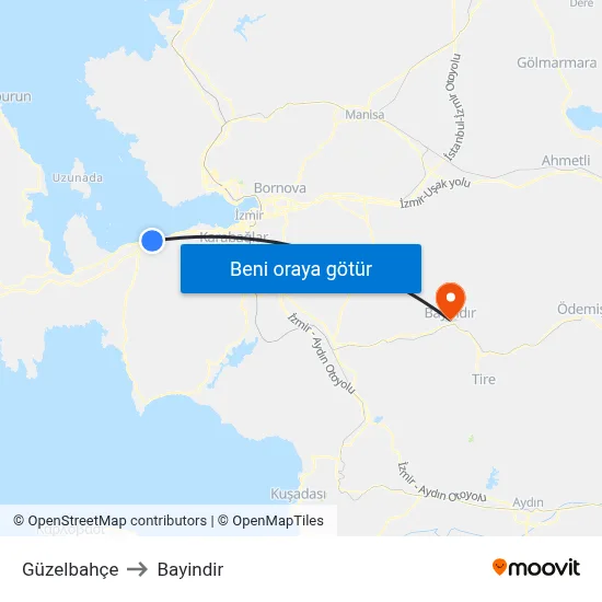 Güzelbahçe to Bayindir map