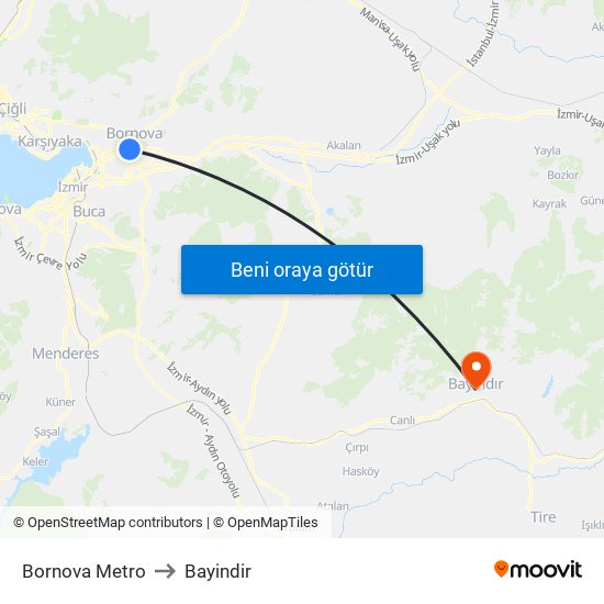 Bornova Metro to Bayindir map