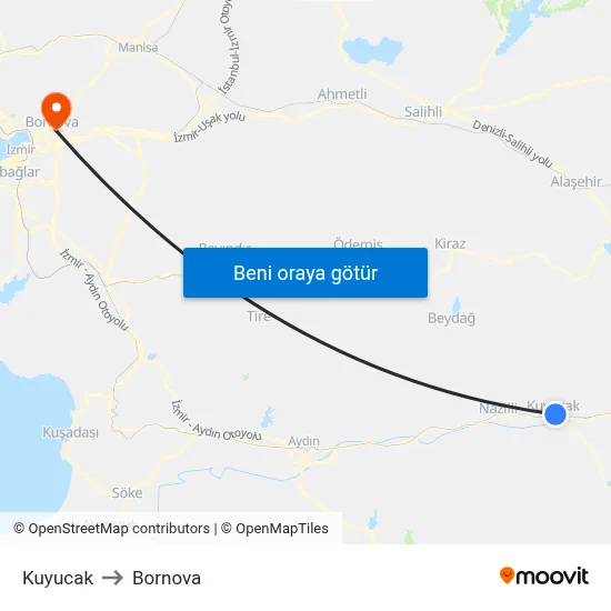 Kuyucak to Bornova map