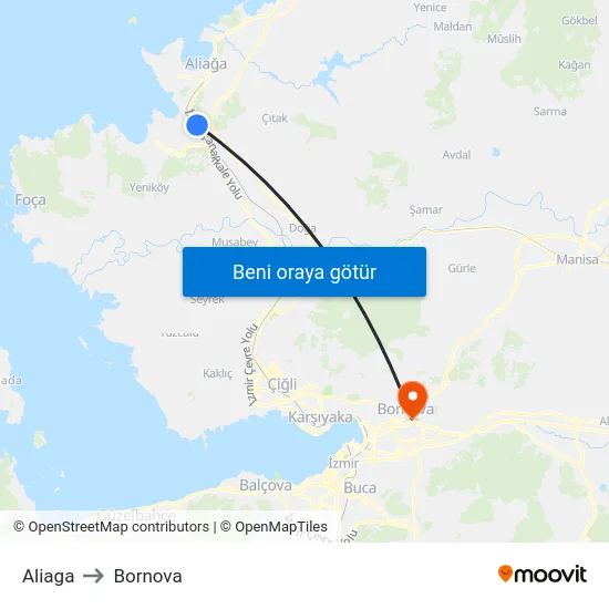 Aliaga to Bornova map