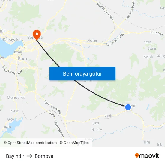 Bayindir to Bornova map
