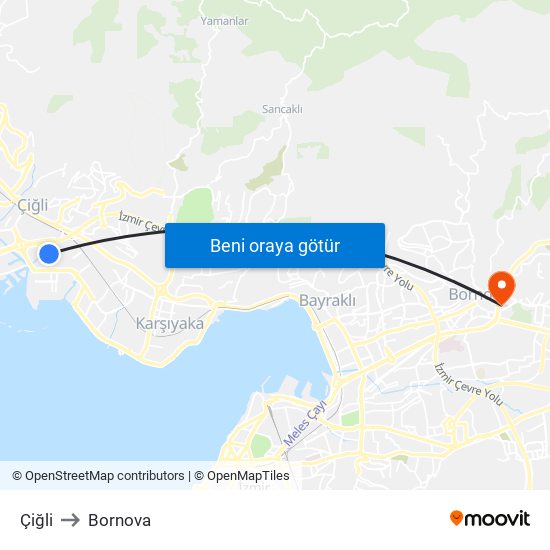 Çiğli to Bornova map