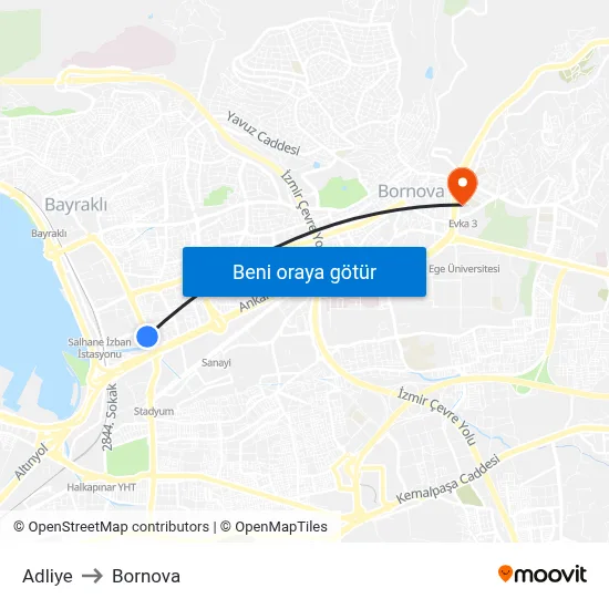 Adliye to Bornova map