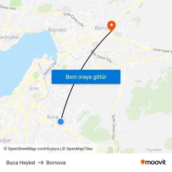 Buca Heykel to Bornova map