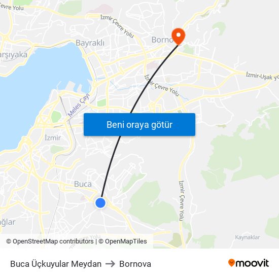 Buca Üçkuyular Meydan to Bornova map