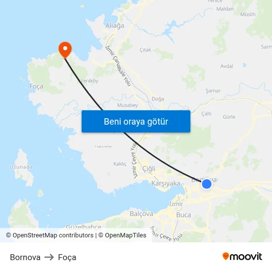Bornova to Foça map