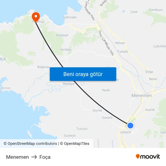 Menemen to Foça map