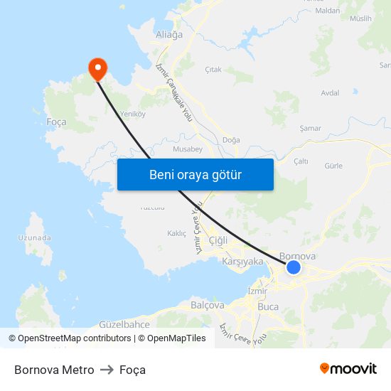 Bornova Metro to Foça map