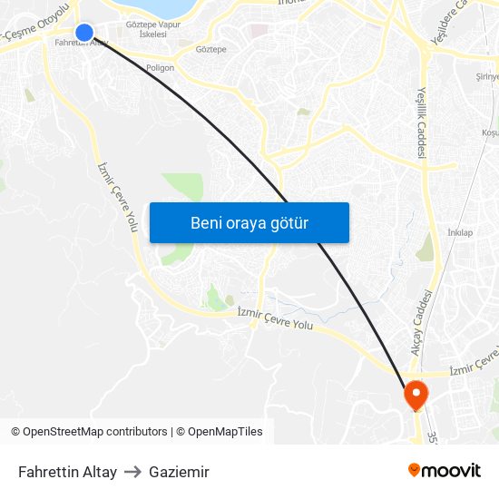 Fahrettin Altay to Gaziemir map