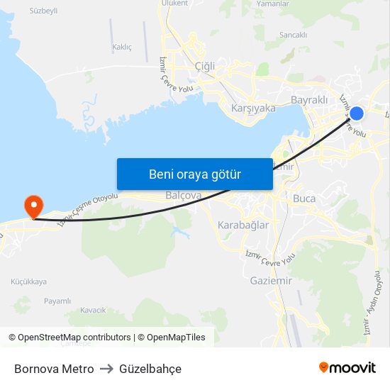 Bornova Metro to Güzelbahçe map