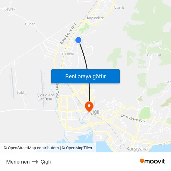 Menemen to Çigli map