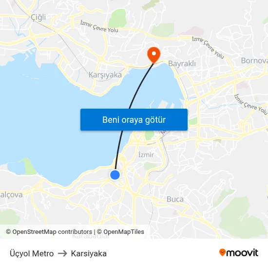 Üçyol Metro to Karsiyaka map