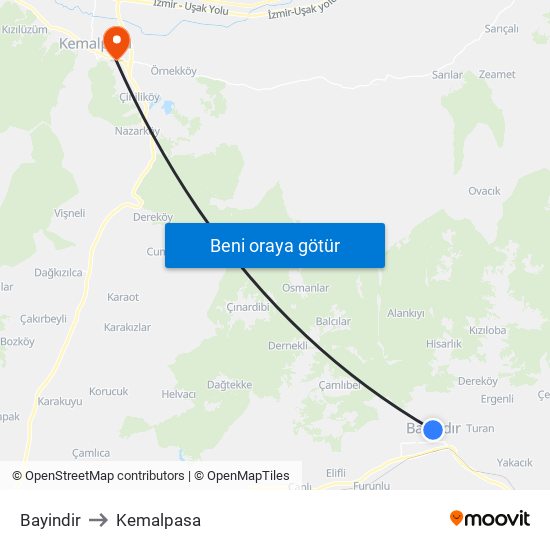 Bayindir to Kemalpasa map