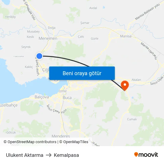 Ulukent Aktarma to Kemalpasa map