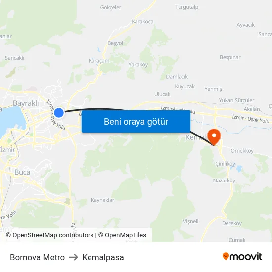 Bornova Metro to Kemalpasa map
