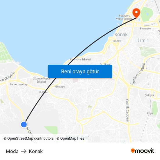 Moda to Konak map